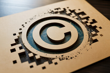 Modern digital copyright symbol integrated with circuit board and QR code elements
