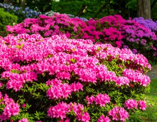 Naklejka premium Vibrant pink azaleas dominate the foreground, with other colors in the background, creating a lush floral display