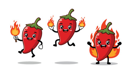 Cute Red Chili Pepper Characters with Fire and Flames