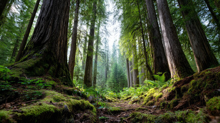 Fototapeta premium Beautiful forest background for screensaver. with sunbeams. Calm close-up of fairytale forest and nature landscape, panorama. Summer vacation, holiday, amazing nature.