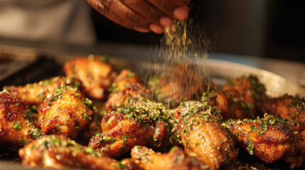sprinkling herbs and spices over freshly fried chicken wings