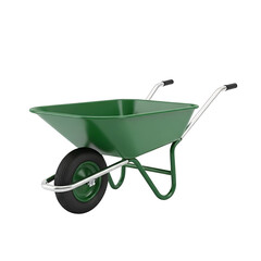 A sturdy green metal wheelbarrow with a single black wheel on a white background