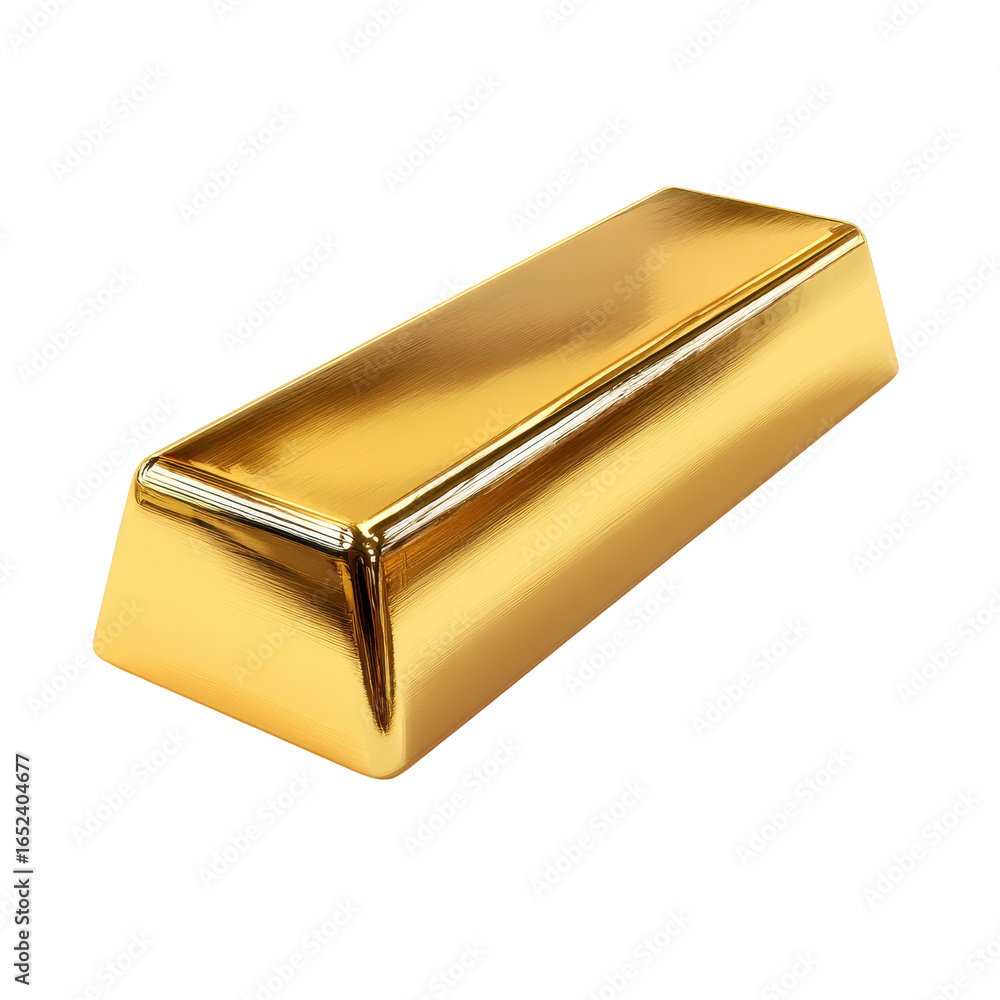 Poster gold bullion bar is displayed on a white surface highlighting its shiny, reflective surface and angl