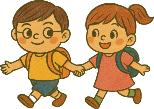 Back To School Students Cartoon Illustration – Cute Boy And Girl Walking Together With Backpacks Vintage Style For Classroom, Education And Learning Projects