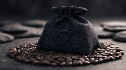 A black coffee bean bag sits prominently in the center, surrounded by a circle of rich, roasted coffee beans. The dark, elegant background enhances the packaging, creating a luxurious coffee vibe.