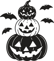 Halloween Pumpkins Silhouette – Jack O Lantern, Bats, Spooky Vector Isolate on White Background 