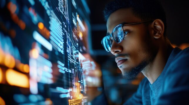Focused individual reviewing detailed code on a computer screen.