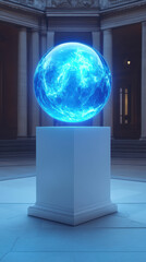 Glowing blue orb suspended above a pedestal in a futuristic hallway
