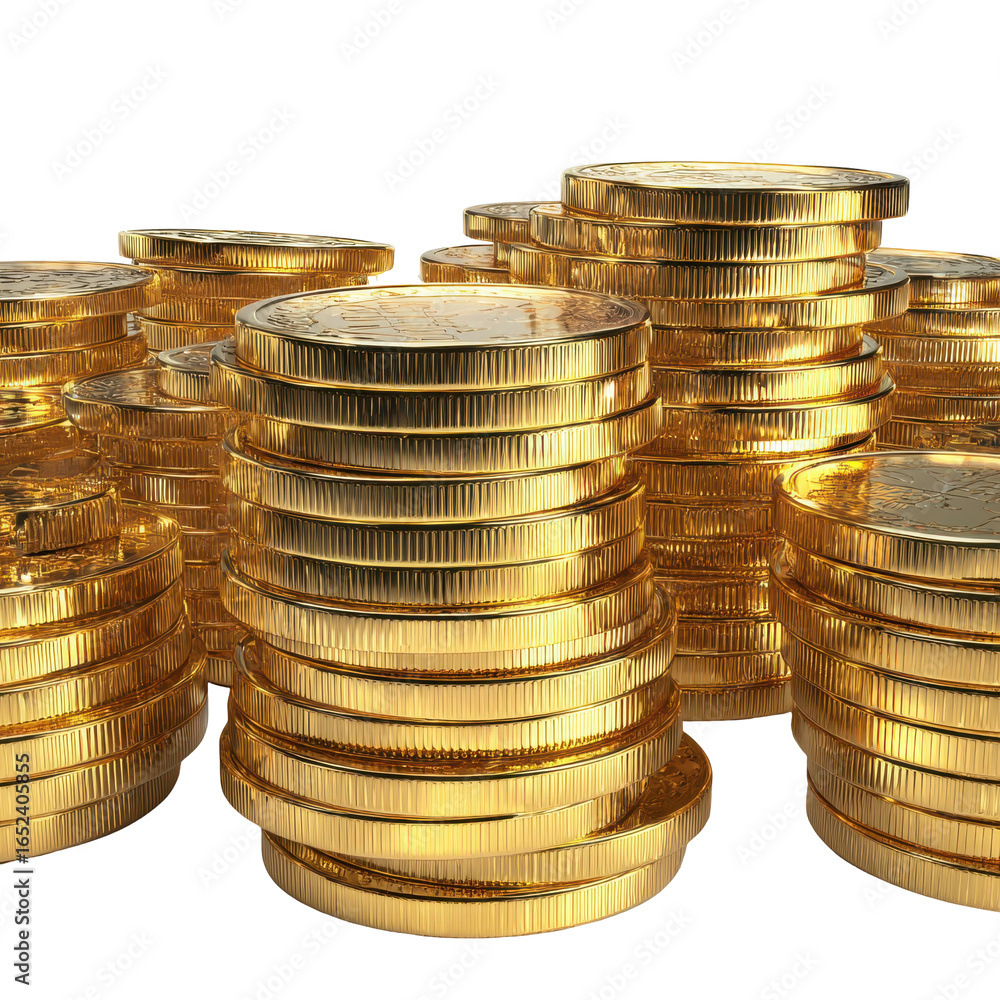 Poster Stacks of shiny gold coins arranged closely on a surface creating an impression of wealth and abundance