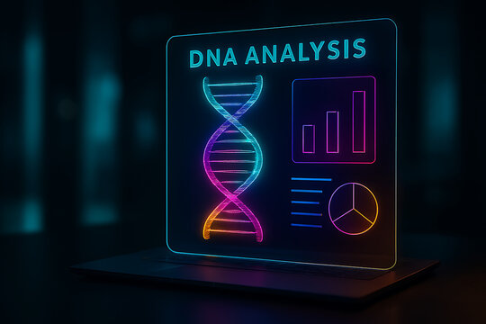 Dynamic DNA analysis visualized on a laptop screen with vibrant neon colors and data charts