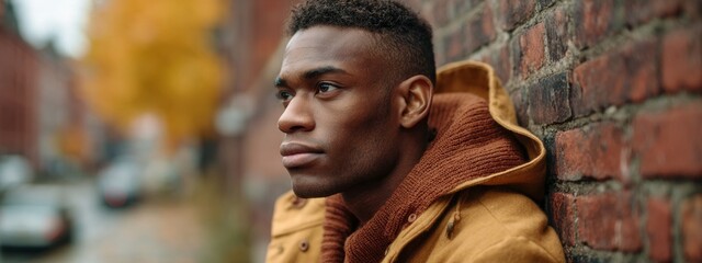 Man leaning against a brick wall in an urban setting during autumn, reflecting on life amidst changing leaves