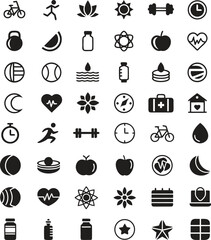 Naklejka premium Fitness and Lifestyle Icons Silhouette – Sport, Gym, Exercise, Wellness Vector Isolate on White Background