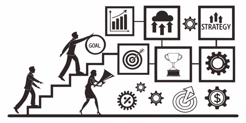 Business strategy concept with people climbing stairs towards goals and success symbols like trophy and charts