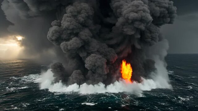 Submarine Volcano Eruption Sending Steam Plumes Over Boiling Ocean Surface Aerial View