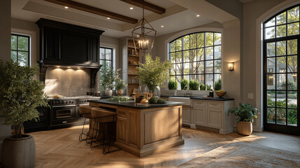 Kitchen Interior Design: A beautifully designed kitchen interior showcases a blend of rustic charm and contemporary elegance, featuring natural light and a welcoming atmosphere.