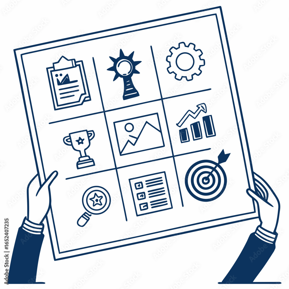 Poster hands holding a grid of icons representing business goals strategy success and performance metrics i