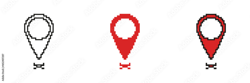 Poster pixel art map pin icon set. location marker and navigation symbol collection. geolocation and mappin