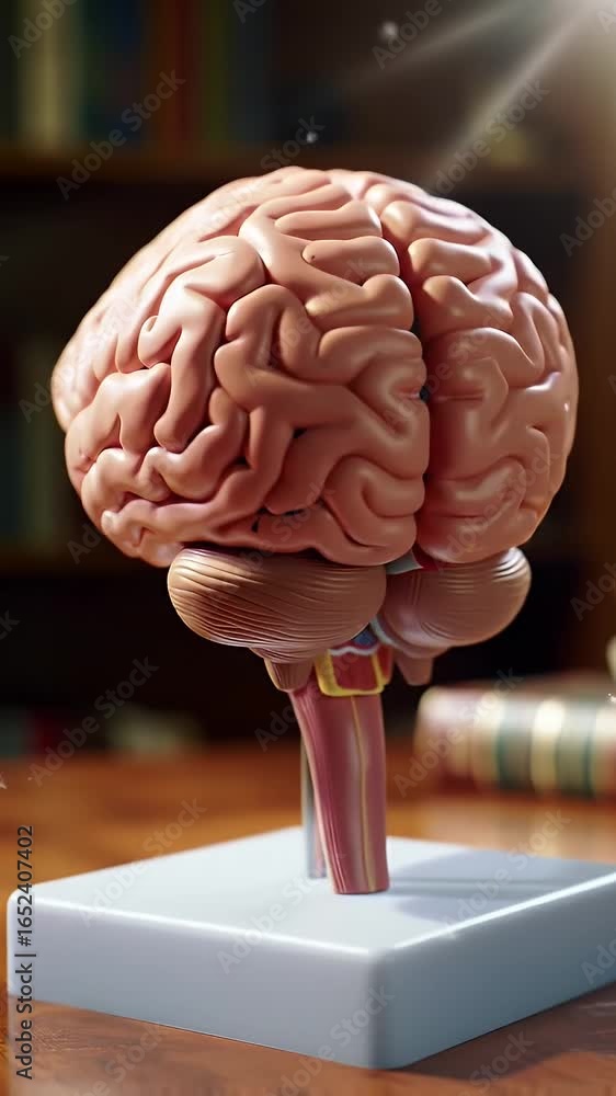 Poster anatomical model of a rotating human brain on white platform displayed over a wood table with out of