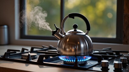 A stainless steel kettle, perched atop a gas stove, steams invitingly as it nears its boiling point. The scene exudes warmth and domesticity.