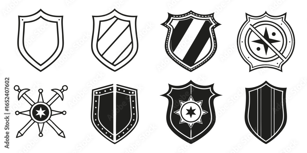 Poster collection of stylized shield emblems and crests in black and white vector graphics for security and