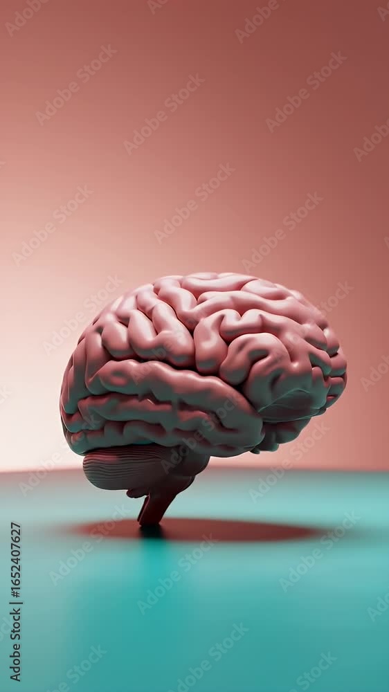 Poster anatomically correct brain model in muted pink on teal glossy surface with peach background