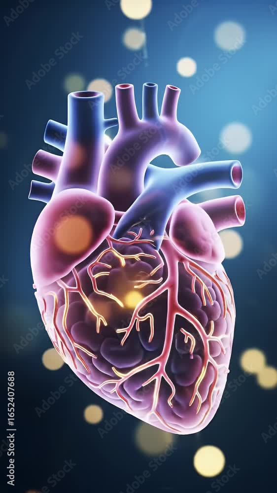 Poster anatomically correct glowing heart on dark blue background bokeh effects rotating style