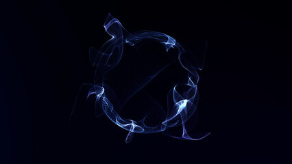 Abstract luminous sphere formed by blue flowing fibers with futuristic sci-fi energy design on dark...