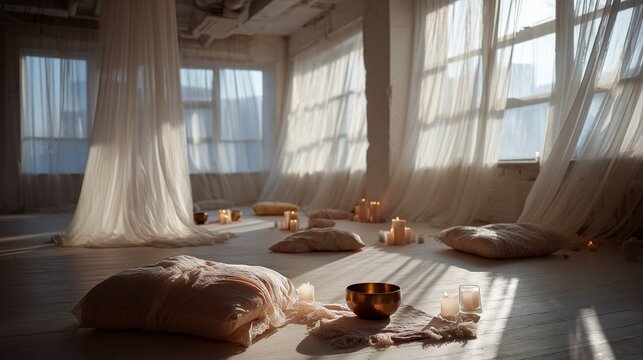 Cozy meditation room with soft cushions, lit candles, and flowing curtains bathed in gentle sunlight, creating a serene atmosphere.