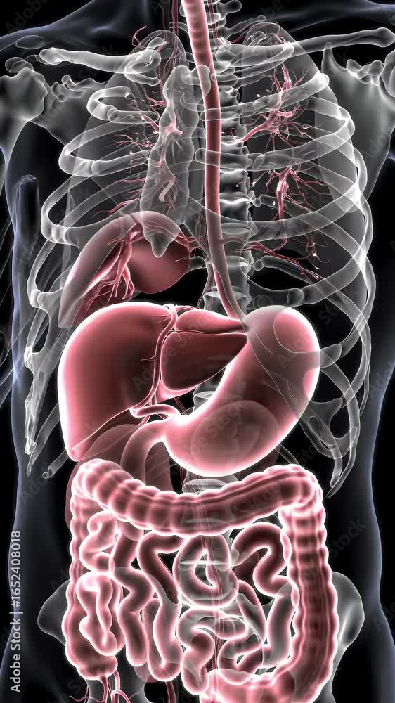 Poster animated human torso with rotating crystal dna double helix against hexagonal cellular backdrop shif