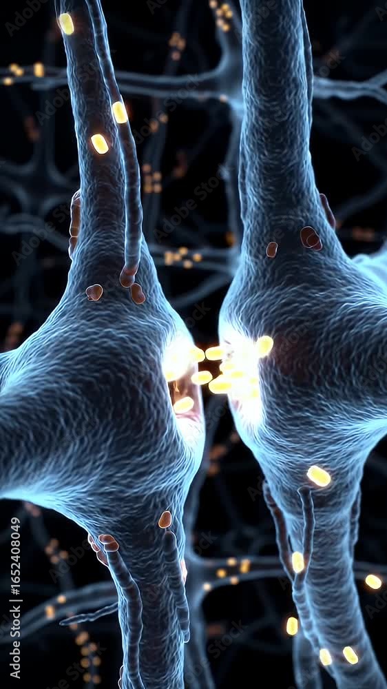 Poster animated microscopic view of a neural synapse with crystal dna double helix in teal and violet on ce