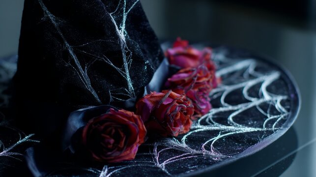 A velvet witch hat adorned with silver cobwebs and black satin ribbon, set against a mysterious moonlit Halloween backdrop.
