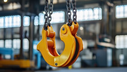 Professional photograph of a yellow and orange heavy-duty lifting hook with chains hanging from it, suspended in the air inside an industrial warehouse.