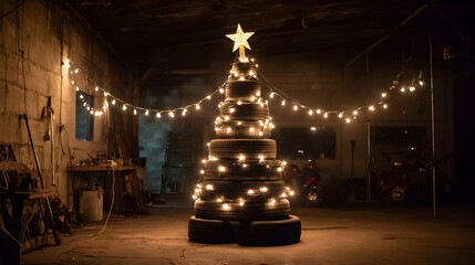 A creatively decorated Christmas tree made of stacked car tires and adorned with string lights and a star on top, located in a garage or workshop.