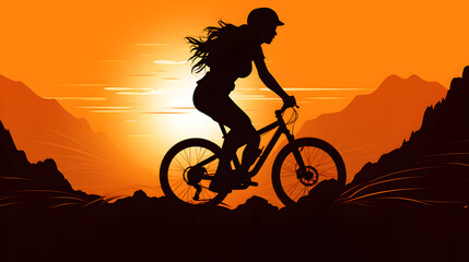 Obraz premium Mountain biker riding against a stunning sunset backdrop displaying vibrant orange and silhouettes of distant mountains