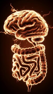 Bioluminescent Human Brain and Intestine Anatomy Glowing in Dark Background