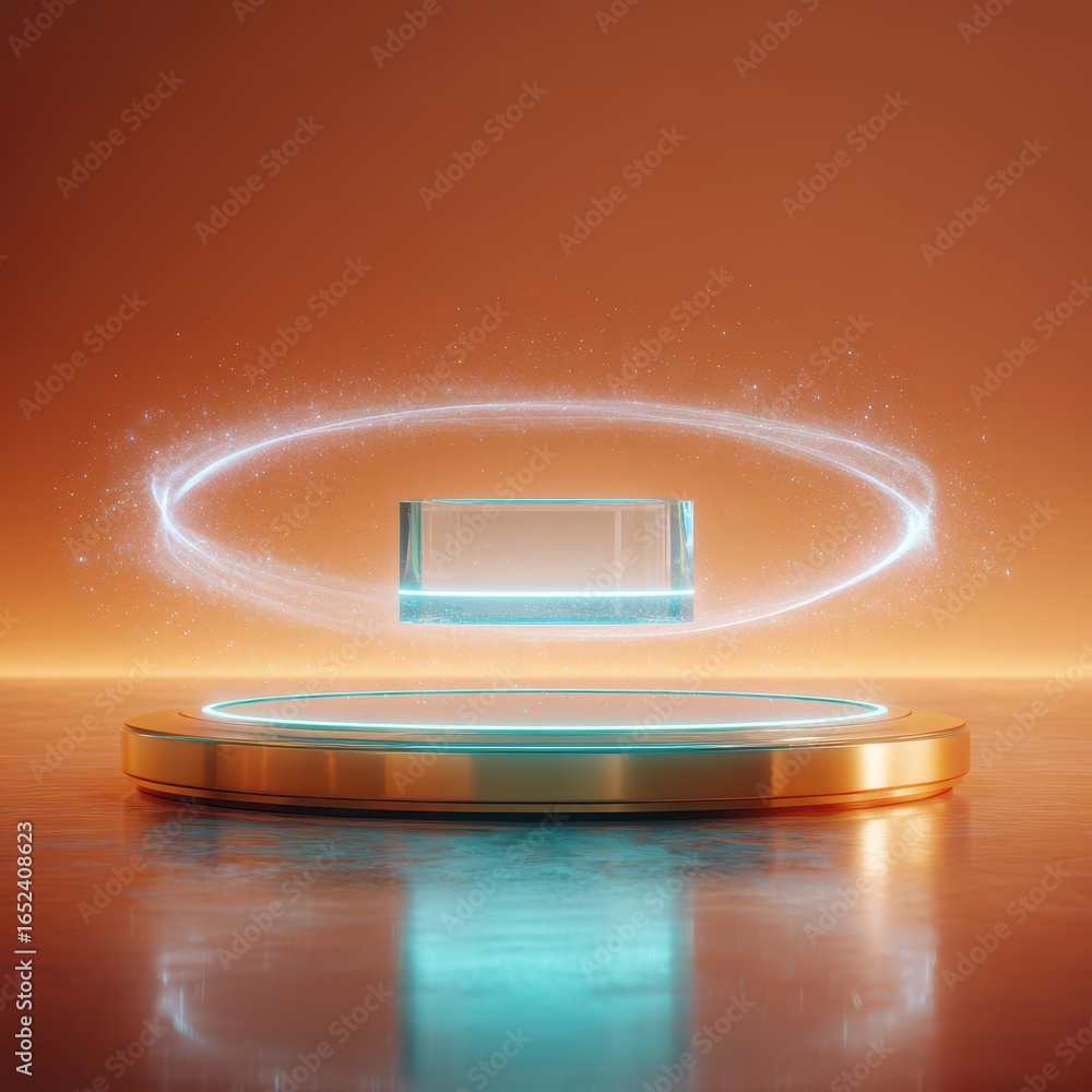 Poster glass block hovers with glowing circle. podium display background for product