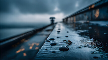 A close-up of a rooftop with a skylight is captured in the midst of rain. Water droplets gather on the sleek black roofing tiles, while the overcast sky creates a moody, atmospheric backdrop.