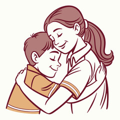 A tender illustration of a mother and son sharing a warm loving embrace with closed eyes and gentle smiles