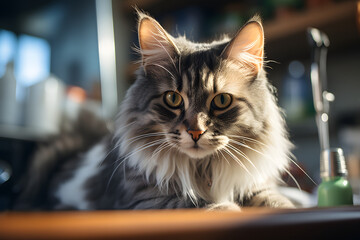 Close-up view of a majestic cat lounging in a cozy indoor space during the afternoon sunlight