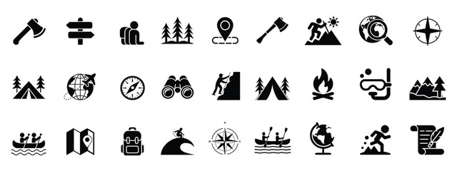 Obraz premium Adventure icon set. Containing hike, campfire, snorkeling, climbing, travel and canoeing icons. Outdoor activity concept. Solid icon collection