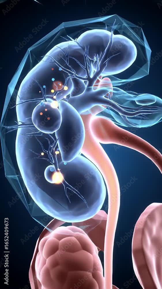 Poster crystalline anatomical rendering of a kidney rotating with teal to violet colors in honeycomb cellul