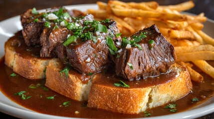 A close-up of a plate of Poutine-style dish with thick-cut fries and chunks of beef stew on toast, covered in gravy and garnished with herbs.