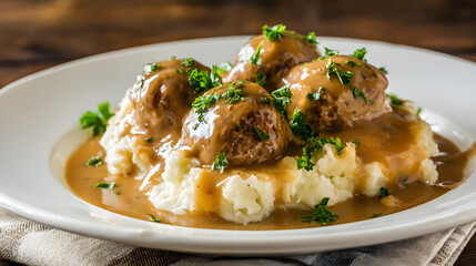 A comforting dish of creamy mashed potatoes topped with juicy meatballs, smothered in rich brown gravy. Fresh parsley adds a pop of color, bringing warmth and home-cooked goodness to the plate.