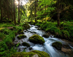 Forest stream at dawn