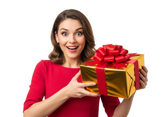 A surprised woman in a red dress excitedly holds a large gold gift box with a red ribbon.