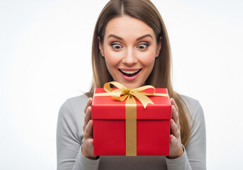 A young woman with an excited expression holds a red gift box tied with a gold ribbon.