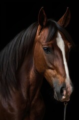 Fototapeta premium Detailed profile of a warmblood dressage horse against a dark studio background, focus on flowing mane and muscle definition, no people,Generative Ai 
