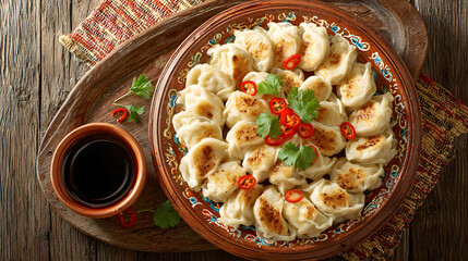 A beautifully arranged plate of golden-brown dumplings, garnished with fresh cilantro and sliced red chili. A small bowl of soy sauce sits nearby, ready for dipping into these savory delights.