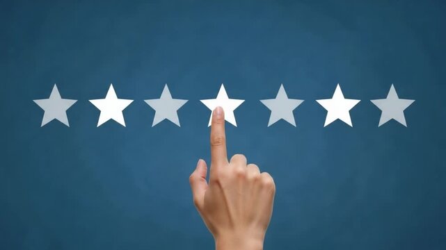 Hand pointing at glowing star among seven stars on a blue background for rating concept image