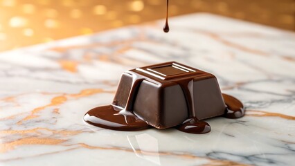 Square chocolate piece covered in shiny glaze with bokeh backdrop. Perfect for dessert designs, food blog posts, confectionery themes.